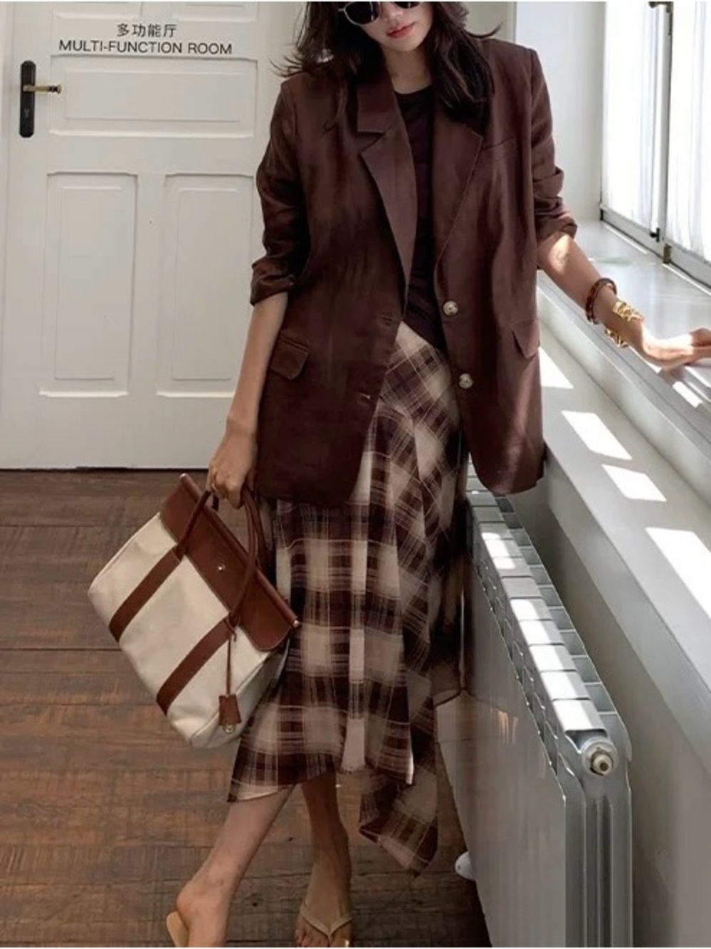 Plaid Handkerchief Hem Midi Skirt in Brown and Cream - Picture 3 of 8